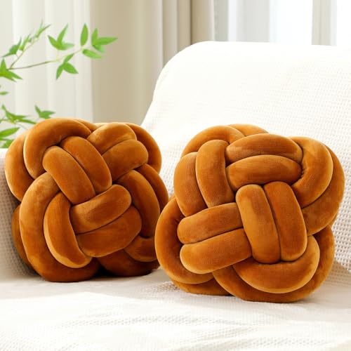 Beeveer 2 Pcs Knot Pillow Balls Set, 12 Inch Soft Decorative Throw Knot Pillow Ball, Large Square Knotted Floor Cushion for Living Room Bedroom Sofa Couch Bed Home Decoration(Caramel Brown)
