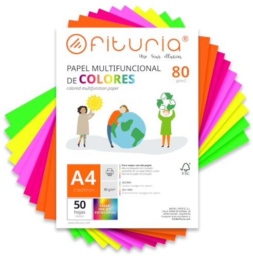 OFITURIA Buntes Papier, 50 Blatt A4 80g – Farbiges Papier für Basteln, Drucker, Scrapbooking – Farbbögen (Neonfarben, 50 Blatt)