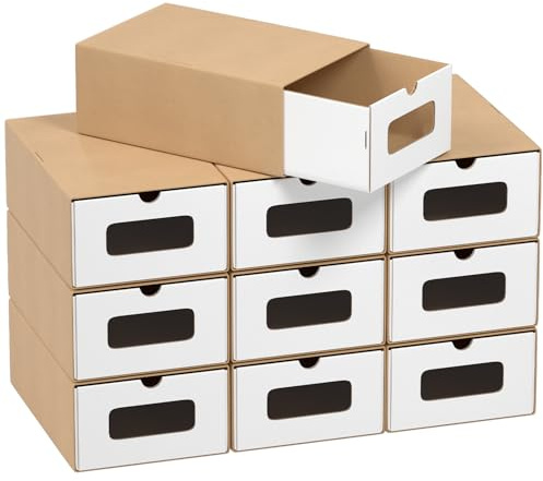 Hebitod 10x Schuhaufbewahrung WEISS/BRAUN mit Sichtfenster – Faltbare Aufbewahrungsbox 35×23×13,5 cm Stapelbar Schuhkarton Schuhbox Schublade Allzweckbox aus Pappe Kraftpapier für bis Größe 45