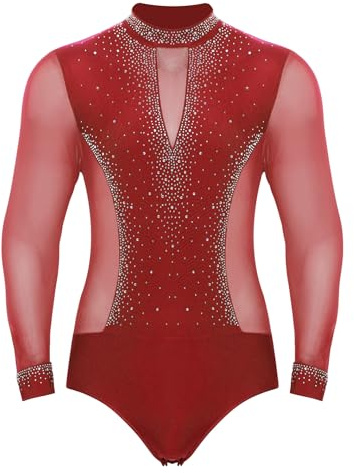 Sxiwei Herr Latin Dans Bodysuit Långärmad Mock Neck Leotard Glittrande Salsa Samba Latin Jazz Danskläder Röd M