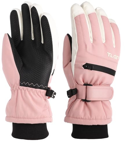 Meng Jiaran Kids Ski Gloves with Zipper,Waterproof Winter Snow Gloves with Adjustable Cuffs and Thermal Lining for Boys and Girls,Pink