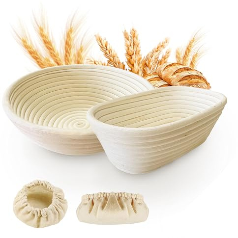 Homiely Bread Proofing Basket, Natural Rattan Sourdough 10 banneton basket Oval and 9 Round with Linen Liners for Bakers