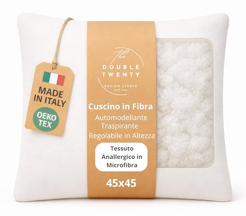 The Double Twenty Cuscino 45x45 cm con Federa in Microfibra Sfoderabile – Imbottitura in Fibra di Poliestere, Altezza Regolabile, Cerniera, Lavabile – Certificazione OEKO-TEX®, Made in Italy