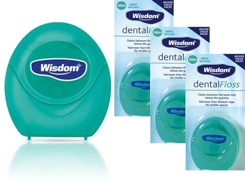 Wisdom Dental Floss - Pack of 3 x 100m | Mint Flavoured Floss for Plaque Removal & Gum Health | Teeth Cleaning Floss for Tight Spaces Plus the Infinite Essential Complete Oral Care Guide