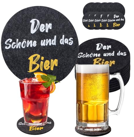 KHstylehoo 10 Stück Filzuntersetzer Rund – Hochwertige Filz Untersetzer für Gläser, Bier Geschenke für Männer, Lustig Glasuntersetzer und Bierdeckel Pappe aus Filz mit Spruch(Der Schöne und das Bier)