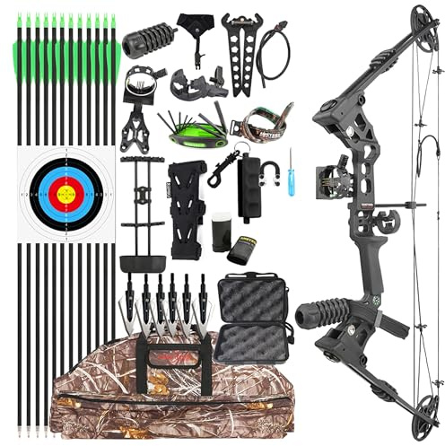 Kit arco compound per adulti e principianti - Regolabile da 20 a 70 libbre, lunghezza di tiro da 24“ a 30”, per destrimani RH, per la caccia e il tiro al bersaglio