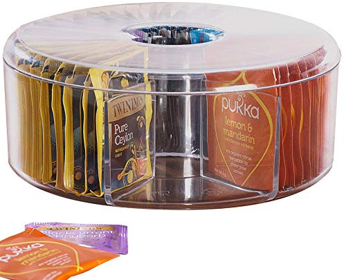 Burwells Teabag Caddy Holder Container Tea Bag Clear Plastic Storage Box 6 Sections Organiser Round Circular