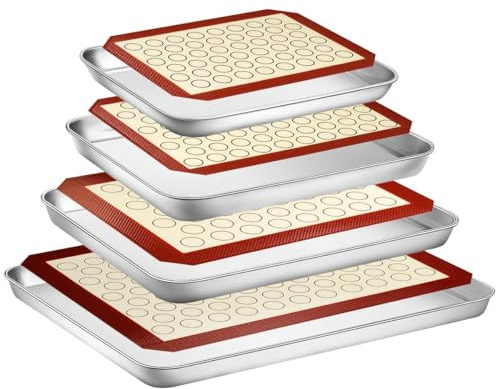 Yododo Bakplåt med silikonmattsset, set med 8 (4 ark + 4 mattor), rostfritt stål kakplåt bakformar med återanvändbar silikon bakmatta, giftfri och slitstark och lätt att rengöra