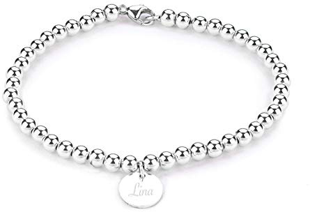 EDINA - Kugel Armband aus 925er Sterling Silber mit Gravur | 9,5mm Plättchenanhänger | Personalisierter Schmuck | Geschenke für Frauen zum Jahrestag Muttertag Geburtstag