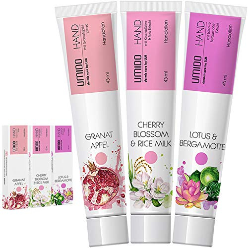 UMIDO 3 Stück Set Hand-Lotion Set 45 ml | Granatapfel | Cherry Blossom & Rice Milk | Lotus & Bergamotte | Handcreme | Pflegecreme | Hand-Pflege | Handcreme