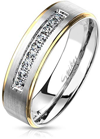 Paula & Fritz® Damenring Silber mit Stein Zirkonia weiß Brillant Schliff Edelstahl-Ring 6mm breit schwarz Regenbogen bunt Gold abgesetzte Kanten 47 (15) – 72 (22.9)
