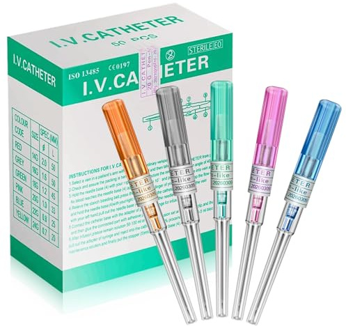 Jconly Professional Piercing Catheter Needles Kit 50PCS - 5 Sizes in 1 Box (14G/16G/18G/20G/22G) | Medical-Grade Sterilized Needles for Ear, Nose, Belly, Navel | Disposable & Pain-Free Design