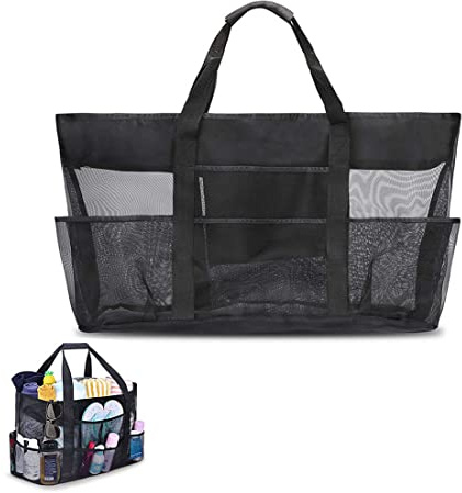 Leismy Mesh Large Black Beach Tote - 70 x 18 x 37 cm Folding Shoulder Bag for Women, Family Holiday, Picnic, Swimming Pool, Kids Sand Toys Organiser, Grocery Storage