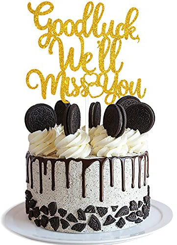 Good Luck' We'll Miss You Happy Retirement Cake Topper - Going Away Office Work Officially Retired Gold Glitter Cake Supplies - Corporation Farewell Party Decoration