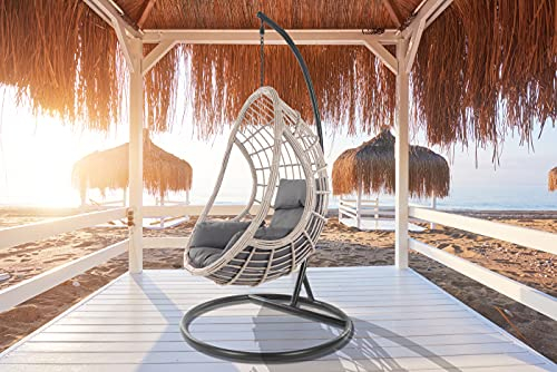 Kideo Komplettset: großer Hängesessel mit Gestell & Kissen, Schwingsessel, Poly-Rattan, Lounge-Möbel, grau beige