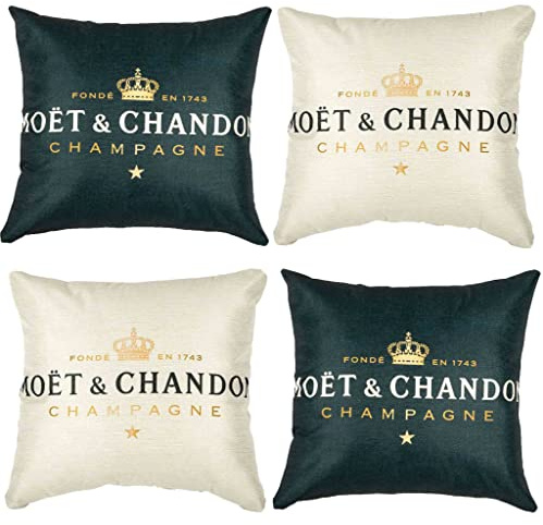 Soffkuddeöverdrag, Champagne och svart dekorativa kuddfodral 45 x 45 cm set om 4 st bomull linne enfärgad kudde soffa kudde armstöd av naturligt linnetyg