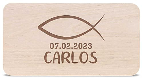 GRAVURZEILE Frühstücksbrettchen Brotzeitbrett mit Gravur - Konfirmation Kommunion Fisch - Personalisiert mit Namen - Geschenkidee zur Firmung für Mädchen & Jungen - 100% Buchenholz
