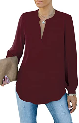 Homlan Blusa Elegante para Mujer, Cuello en V, Manga Larga, Informal, túnica, Camiseta de Manga Larga, Monocolor, Suelta