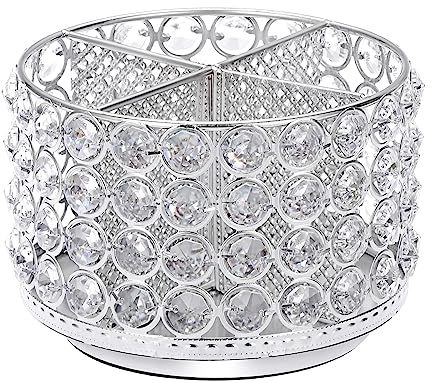 BTSKY Crystal 360 Grad drehbarer Schreibtisch-Organizer, dekorative Aufbewahrungsbox mit 4 Fächern, Glitzer-Metall-Make-up-Pinselhalter, elegante Aufbewahrungsbox, Heimdekoration, 4 Fächer, Silber