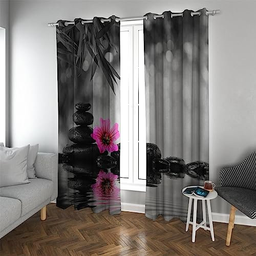 LANDOCROWN Rosa Blume Fenstervorhänge Stillleben Zen Stein Bambusvorhänge Ösenfenster Vorhänge für Wohnzimmer Spa Zimmer Dekor 2 Paneele H 90 x B 130 cm