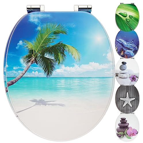 WC Sitz mit Absenkautomatik | Holzkern | stabile Softclose Scharniere | einfache Montage | glatte Oberfläche | tolle Motive zur Auswahl | Holz WC-Deckel universell passend (Strand mit Palme)