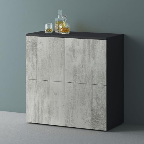 Mai & Mai Sideboard 76cm Kommode 4 Türen Soft-Close grifflos Stauraum | Sideboard Wohnzimmer, 4 Stauräume, verstellbare Füße, Flurschrank, Anthrazit matt + Beton, BxTxH:76x36,4x74cm, Schrank04