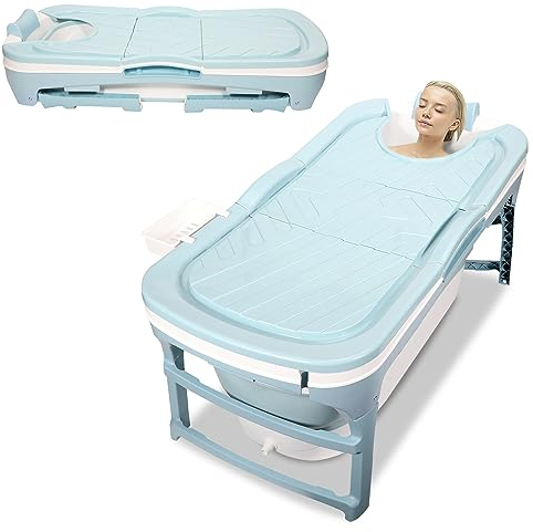Duisrech Faltbare Badewanne Erwachsene XL 132x60x50cm,Erwachsener foldable bathtub mit Abdeckung Klappbadewanne klappbare,Aufblasbare Badewanne mit Korb für Badezimmer, Dusche und Balkon-Blau
