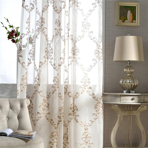 KEKUYA 2 er Set Wohnzimmer Gardinen,Voile Gardinen Vorhang halbtransparent mit Ösen Gardinen Modern für Schlafzimmer Balkontür Luftige Gardinen, Khaki-Stickerei B140×H260cm