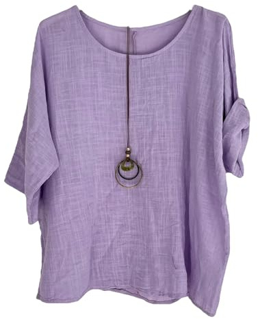 Kiran Fashion Camiseta corta de algodón liso para mujer, estilo italiano, peculiar, estilo lagenlook, Lila, Taille unique