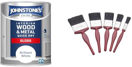 Johnstone's - Quick Dry Gloss Finish - Brilliant White - Water Based - Interior Wood & Metal & Fit For The Job 5 pc Mixed Sizes Paint Brush Set for a Smooth Finish with Emulsion, Gloss