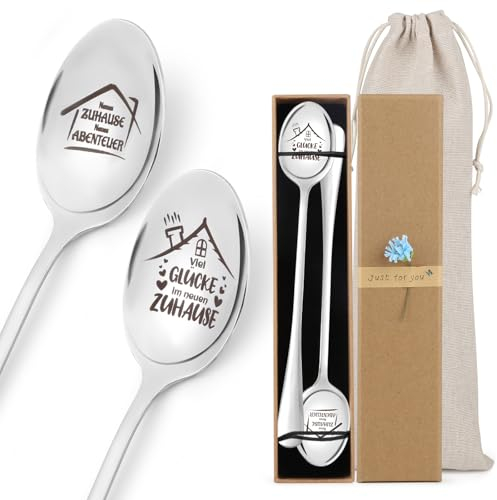 Geschenk zum Einzug, 2 Stück Löffel mit Gravur, Einzugsgeschenke Haus 19,5 cm Kaffeelöffel Edelstahl, Geschenk Einzug Haus, Einweihungsgeschenk Wohnung Geschenke für Nachbarn