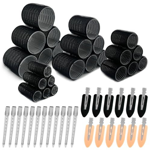 48PCS Hair Rollers with Clips, Self Grip Hair Rollers, Curlers Rollers with 4 Sizes 60mm 48mm 36mm 25mm, Long Medium Short Hair DIY Hairdressing (Black)