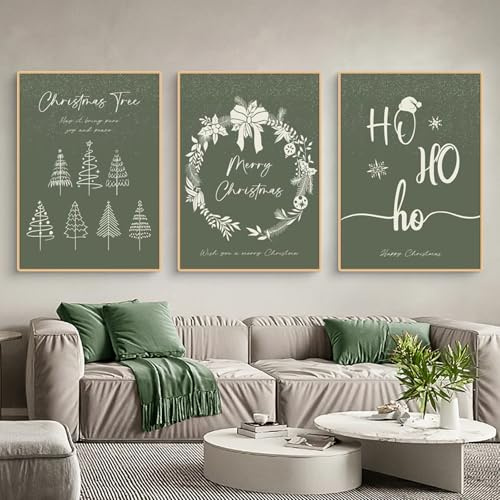 Uixxducc 3er Weihnachts-Poster Set, Winter Bilder Set, Grüner Weihnachtsbaum Weihnachtskranz Wandkunst Wandbilder Wohnzimmer Weihnacht Wanddeko für Wohnkultur, Ohne Rahm (40x50cm)