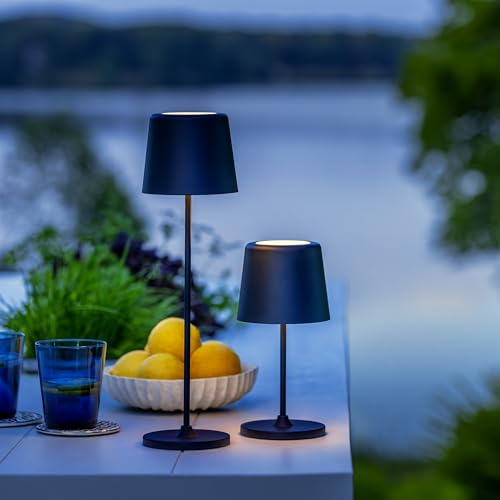 Lightbox Set med 2 LED-bordslampor för inomhus- och utomhusbruk | 37 cm/23 cm höjd, Ø 10 cm | matt svarta utomhusbordslampor med touch-dimmer | mobil/trådlös/bärbar | kan laddas via USB/batteri | 310