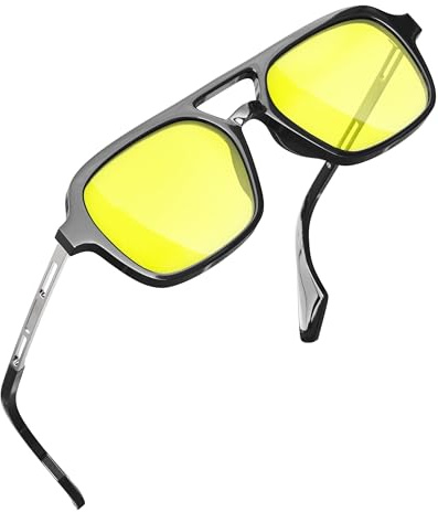 grinderPUNCH Gafas de sol cuadradas retro para mujer y hombre, estilo vintage de los años 70, lentes de sol de doble puente (lente amarilla), Negro -