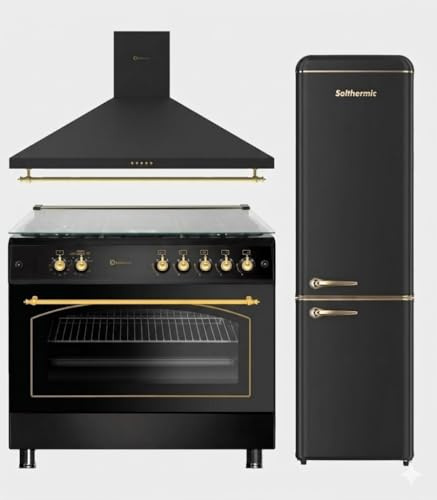 SOLTHERMIC PACK 3 EN 1 COCINA GAS HORNO PANORAMICA (115L) + CAMPANA DECORATIVA A JUEGO 90 CM + COMBI 1,88 X 55 TODO NEGRO RUSTICO Y ACABADOS DORADOS