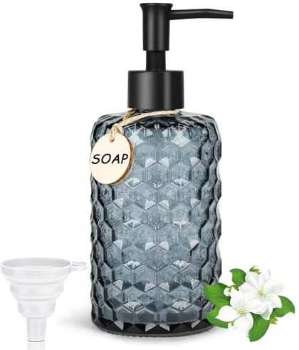 500ml Seifenspender für Bad & Küche, Wabendesign Glas Seifenspender Badezimmer Soap Dispenser Nachfüllbarer Handseifenspender mit Schwarz Kunststoffpumpe, Hölzerne Etiketten, Trichter (Charcoal Blue)