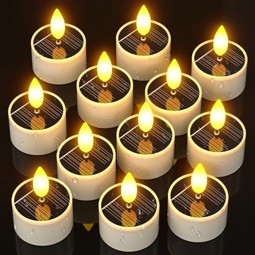 SoulBay Solar Tea Lights Outdoor, 12pcs Solar Candles Waterproof, Auto Light Up at Night, Flameless Flickering Battery LED Small Candle for Patio Grave Garden Lanterns Decorations, 1.5 D x 2.1 H