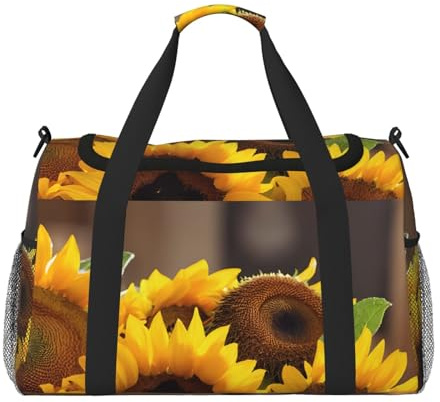 Damen-Sporttasche mit gelbem Sonnenblumen-Druck, Sporttasche mit Fach, Seesack für Herren, Damen, Handgepäck, Wochenend-Reisehandtasche für Damen, Schwarz , Einheitsgröße