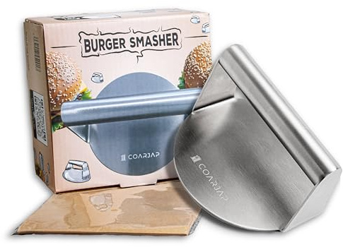 COARJAP - Burgerpresse Smash Burger - Burger Smasher Hamburgerpresse Edelstahl 304 – Smashed Burger Presse aus einem Stück – Inkl. 60 Burgerpapier & QR-Test lebensmittelecht – Spülmaschinenfest