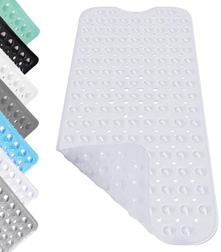 Duschmatte rutschfest, 100 x 40 cm Massage Antirutschmatte Dusche mit Saugnäpfen, Lange Weich Badewannenmatte, Duschmatte mit Abflusslöchern, für Dusche, Transparentes Weiß