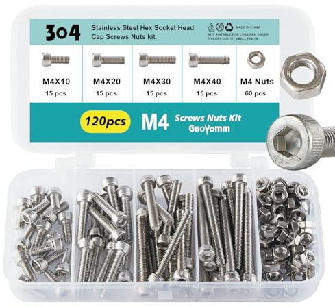 GuoYomm Lot de 120 vis à six pans creux M4 avec écrous en acier inoxydable 304 Jeu de boulons mécaniques entièrement filetés dans une boîte combinée, longueurs : 10 mm, 20 mm, 30 mm, 40 mm