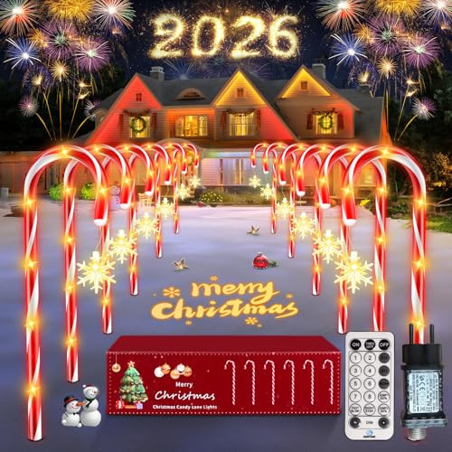 HELESIN 12 Stück Lichterkette Zuckerstangen, LED Zuckerstange Weihnachtsbeleuchtung Außen mit Funkelnde Schneeflocke, 12 Beleuchtungsmodi Zuckerstangen Weihnachten Deko für Rasen, Terrasse, Geschenke