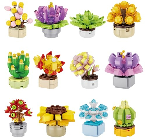 Pilikoll 12 Pezzi Micro Blocchi Bouquet di Fiori Mini Fiori Bonsai Mattoncini Set Kit Floreale da Costruzione Fiore Finto Artificiale da Costruzioni per Adulti, Decorazioni, Regalo per Ragazze, Donne