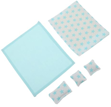 Abaodam Puppenhaus Bettwäsche Set Blau mit Kissen und Decke Realistische Miniatur Schlafzimmer Deko Weiche Waschbare Puppenbettwäsche für Puppenbett Detailreich und Gemütlich