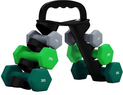 SPORTNOW Set di Manubri da Palestra con Supporto Pieghevole, 2x1 kg, 2x2 kg, 2x3 kg, Manubri per Palestra Esagonali in Metallo con Impugnatura, Allenamento Fitness Casa, Multicolore