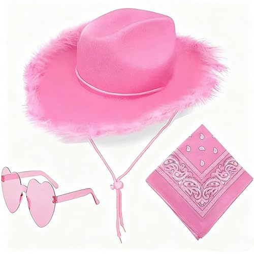 APPCRFM Kreativer Party Cowboy in Rosa, Western Cowboy Hut Set, Cosplay Rosa Cowboy Kostüm, Cowboyhut mit Kopftuch und Brille, geeignet für Western-Mottopartys, Karneval und Mottopartys