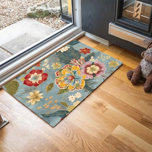 MLSOWM Fußmatte Landhausstil, Wetterfeste Schmutzfangmatte Üppige Blumen mit Rutschfester Rückseite für Innen & Außenbereich Türmatte für Eingang Haustür Flur, 60 x 90 cm, Grau