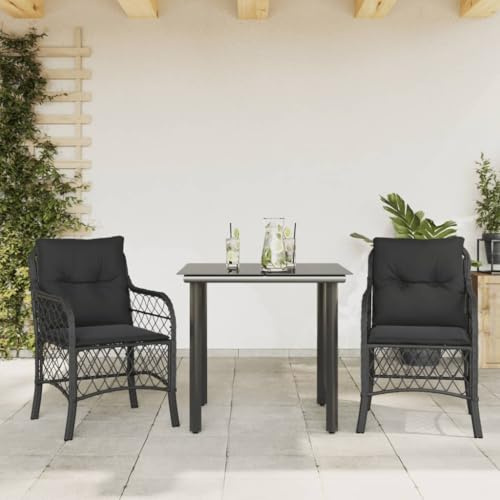 Teenpull 3-TLG. Bistro-set med kudde, svart poly rotting, trädgårdsmöbler för terrass, balkong, matplats, UV-resistent, 110 kg lastkapacitet