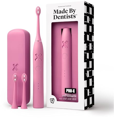 Made by Dentists PRO‑X Sonic Electric Toothbrush for Adults – Dentist‑Designed Whitening Rechargeable Toothbrush, 9 x More Plaque Removal, 70 Day Battery, 3 Modes, Travel Case & Extra Heads, Pink